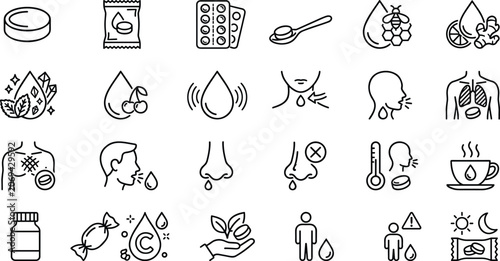 Fotografía Cough drops and lozenges line icons set for sore throat relief cold flu treatment medical health care vector