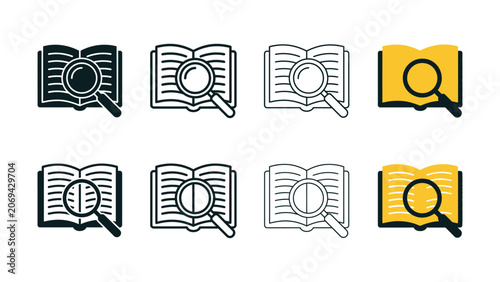 Set of open book icons with magnifying glass for research and education concept