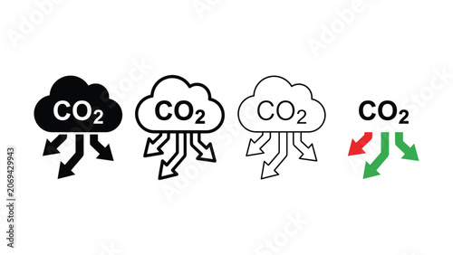 Set of carbon dioxide emission cloud icons with directional arrows