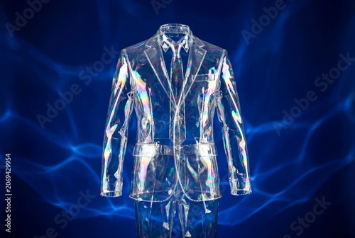 Holographic Transparent Suit with Iridescent Reflections on Blue Background