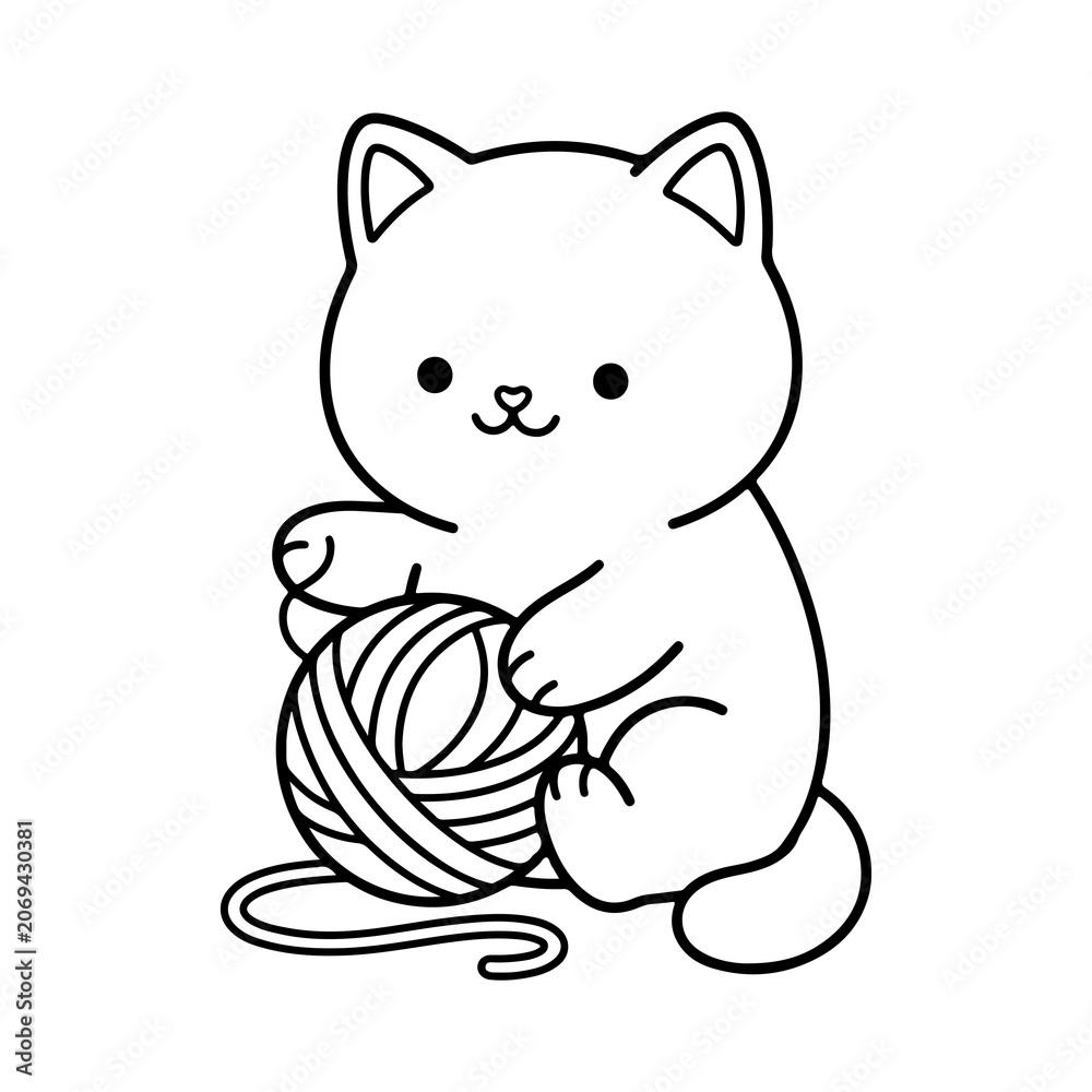 Fototapeta premium Cute kitten with yarn ball coloring page black and white line art illustration