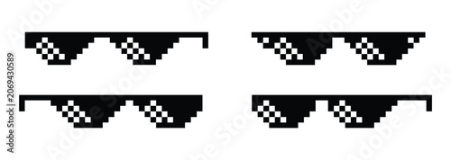 Pixelated Sunglasses: A set of four meme-style pixelated sunglasses, often called deal with it glasses. internet meme, retro style, novelty eyewear.