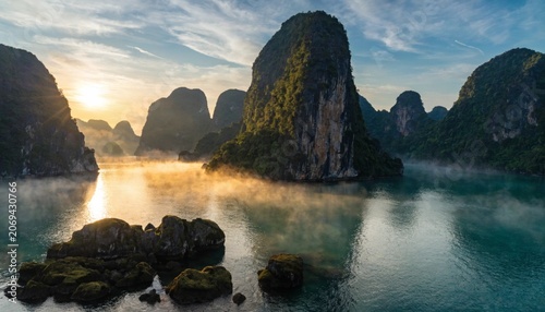Foto A magical view of Ha Long Bay with limestone karsts rising from misty emerald waters