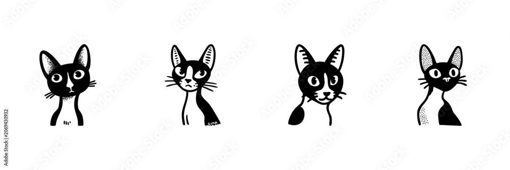 Fototapeta premium Four Black And White Cat Illustrations In Hand Drawn Style Set. Playful Feline Expressions, Whiskers, And Ears Doodle Sketch Collection. Pet Art Design. Isolated Vector Illustration