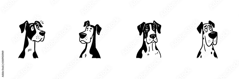 Fototapeta premium Great Dane Dog Expressions In Hand Drawn Style Set. Emotional Canine Faces, Cartoon Character Doodle Sketch Collection. Pet Mood Illustration. Isolated Vector Illustration