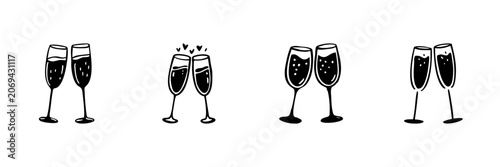 Champagne Glasses Clinking In Hand Drawn Style Set. Celebration, Toasting, Festive Cheers Doodle Sketch Collection. Party And Celebration Symbol. Isolated Vector Illustration