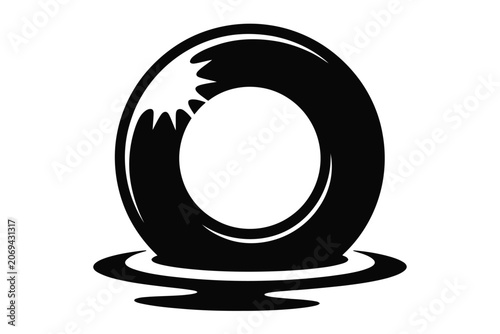 Minimalist black and white vector illustration of a swimming pool inflatable inner tube ring floating on water ripples isolated on a clean white background for summer beach vacation design