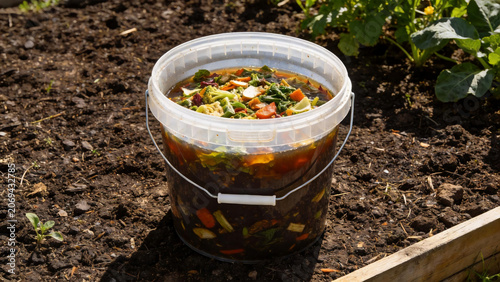 Compost bucket filled with vegetable scraps in garden