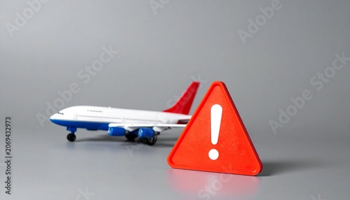 Model Airplane Behind Red Warning Sign with Exclamation Mark Representing Aviation Safety, Caution, Risk Awareness, and Motivational Travel Alertness