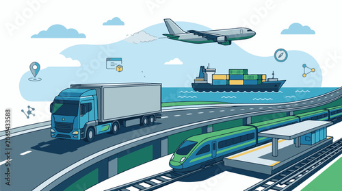 A colorful illustration of various transportation modes including a truck on a road a train on tracks a cargo ship in