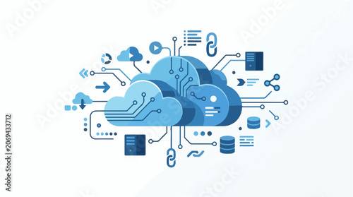 A blue cloud computing concept with various icons and symbols