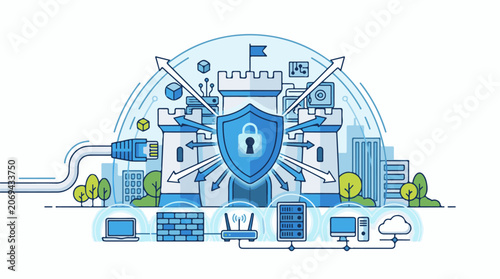 A blue and white illustration of a castle with a shield and various computer and security symbols