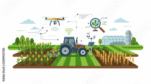 A colorful infographic depicting a tractor in a field with various technology