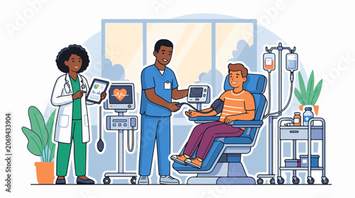Medical professionals attending to a patient in a clinic setting with equipment