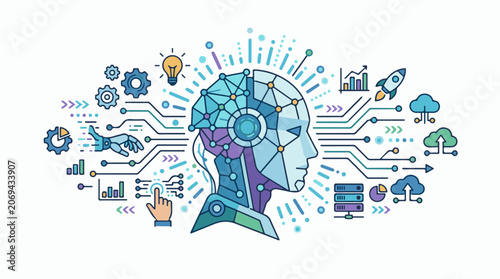Colorful futuristic robotic head with various technological symbols