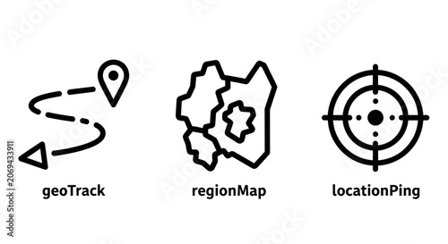 Geo track route region map and location ping target line icons set with geotrack location navigation tracking crosshair geography position coordinate boundary positioning searching accuracy