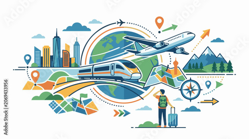 A vibrant illustration of a traveler with luggage and a backpack standing in front of a stylized map surrounded by a pl
