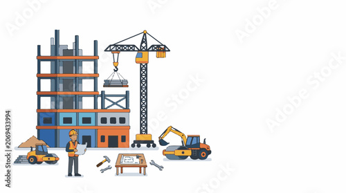 A construction site with a building crane and worker