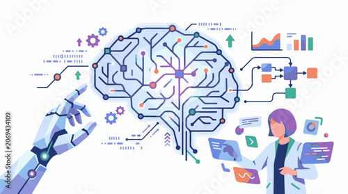 A futuristic scene depicts a scientist and robotic hand interacting with a brain