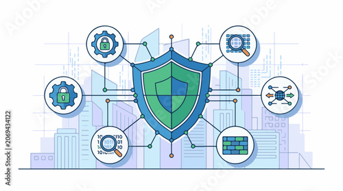 Illustration of a shield with various security-related icons connected to it set against a cityscape background