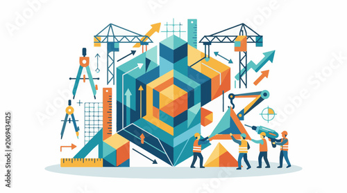 A vibrant illustration depicts construction workers building a large 3D geometric structure surrounded by cranes tools