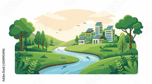 A serene landscape featuring a winding river flowing through a green valley with trees hills and modern buildings equi
