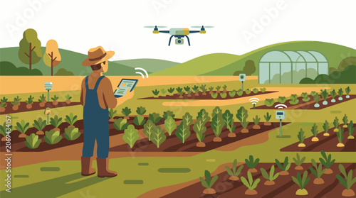 A farmer uses a tablet to monitor a drone flying over a farm