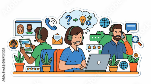 A colorful illustration of customer support agents working