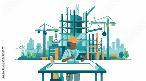 A construction worker in a hard hat reviews plans at a table with a cityscape and building site in the background