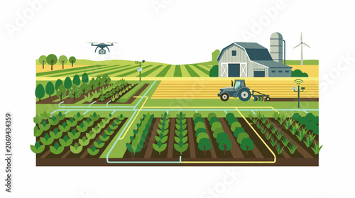 A modern farm with a tractor drone and barn