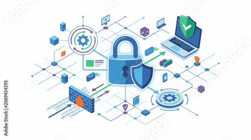 A blue lock surrounded by various digital security icons on a white background with blue lines