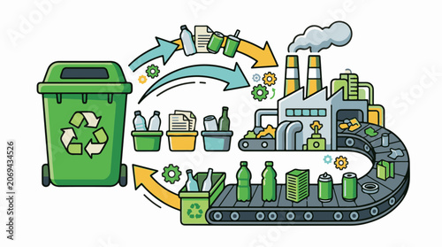 Recycling process with a green recycling bin and industrial machinery