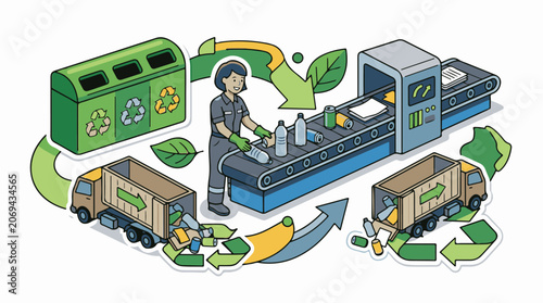 A cartoon illustration of a recycling process with a worker on a conveyor belt