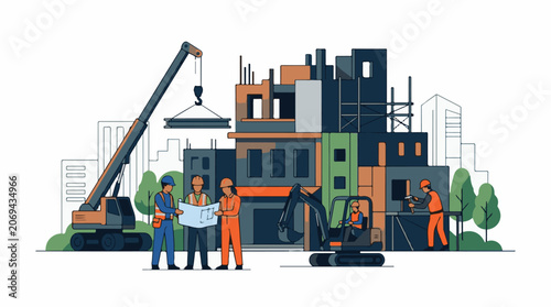 Illustration of construction site with workers