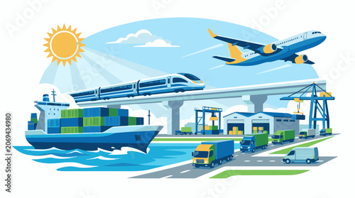 A colorful illustration of various transportation modes and a cargo ship