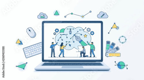 A colorful illustration of people working around a laptop with a cloud on its screen