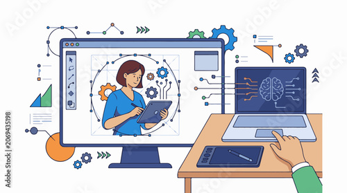 A woman uses a tablet in front of a computer monitor with various design elements