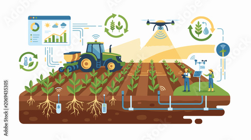 A graphic illustration depicting the use of technology in farming with a tractor drone and sensors monitoring soil and