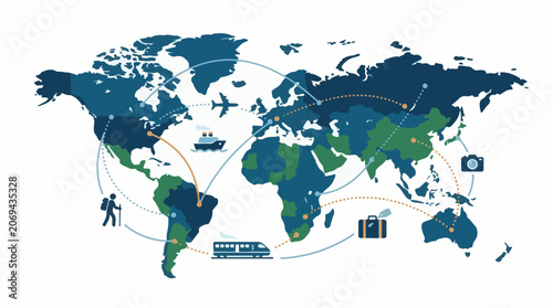 A world map with various travel-related icons and routes