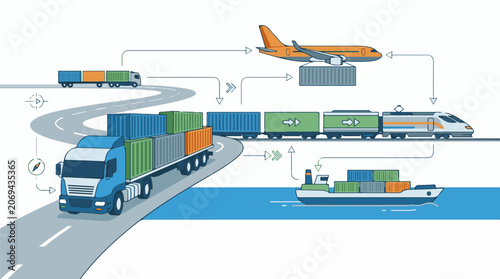A colorful infographic depicting a shipping container being transported by truck train airplane and boat