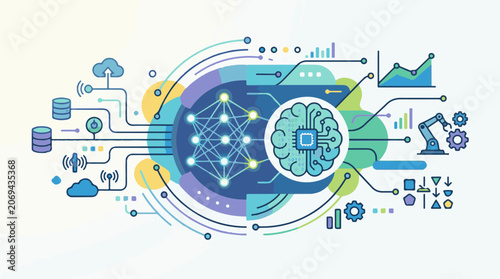 A colorful infographic featuring a brain with a microchip and various technological symbols