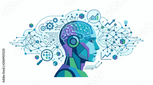 A stylized illustration of a human head with brain and various icons