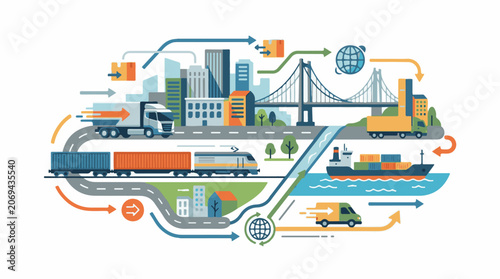 A colorful illustration depicting various transportation modes and city scenes