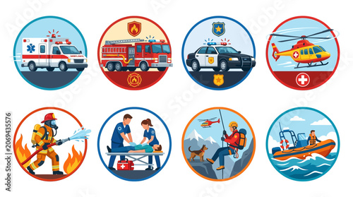 Emergency services flat vector icons set, collection of 8 rescue vehicle and first responder badges, ambulance fire truck and police car illustrations