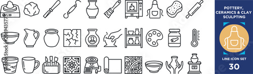 Pottery ceramics and clay sculpting linear icon set for artistic crafts and workshop use.