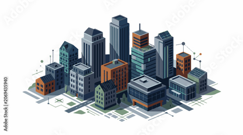 Isometric cityscape with various buildings and skyscrapers on a grid