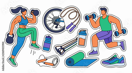 A colorful illustration of a man and woman exercising with various fitness equipment