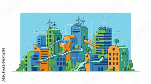 A cartoon cityscape with green trees and buildings