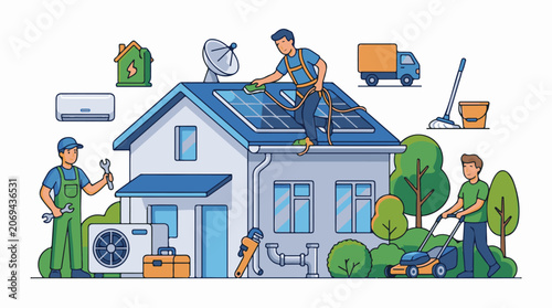 A house with solar panels on the roof and workers maintaining it