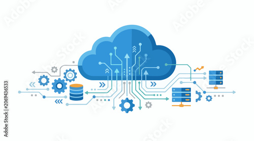 A blue cloud with various symbols and arrows representing data flow and technology